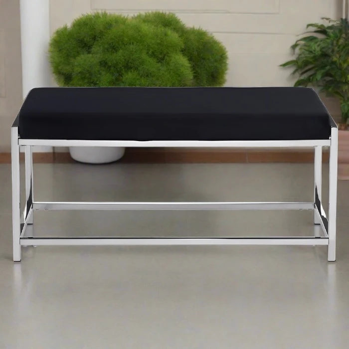 Hampton Indoor Bench, Black Velvet, Silver Metal Frame