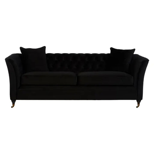 Sabrina 3 Seater Onyx Sofa, Black Velvet, Button Tufted, Cushions, Castor Wheels, Wooden Legs