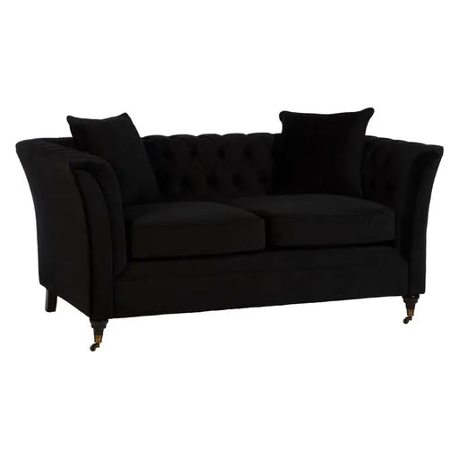 Sabrina 2 Seater Onyx Sofa, Black Velvet, Wooden Legs, Button Tufted, Cushions, Castor Wheels