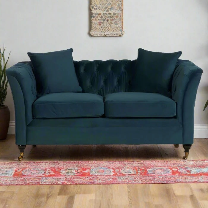 Sabrina 2 Seater Sofa, Midnight Blue Velvet, Button Tufted, Castor Wheels, Cushions