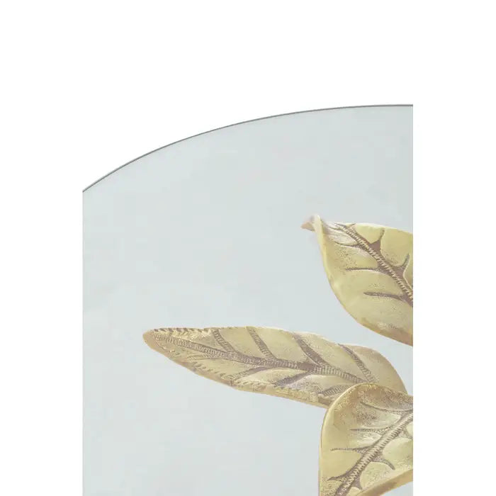 Sika Small Side Table, Leaf Design Base, Gold Iron, Clear Glass Top