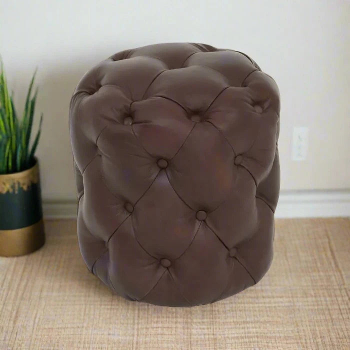 Victor Collection Brown Leather Round Stool with Deep Button Tufting