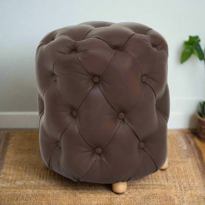 Victor Collection Brown Leather Round Stool with Deep Button Tufting