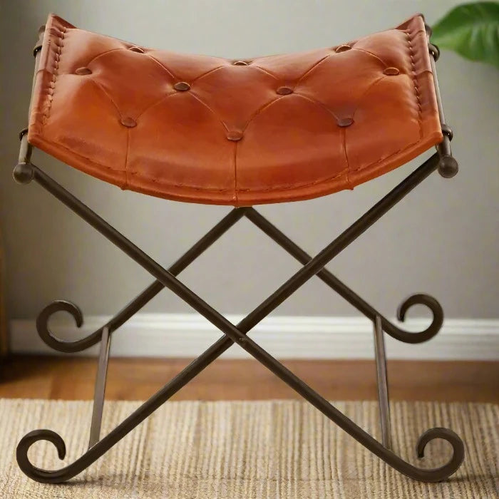 Buffalo Stool with Tan Leather Upholstery and Iron Legs