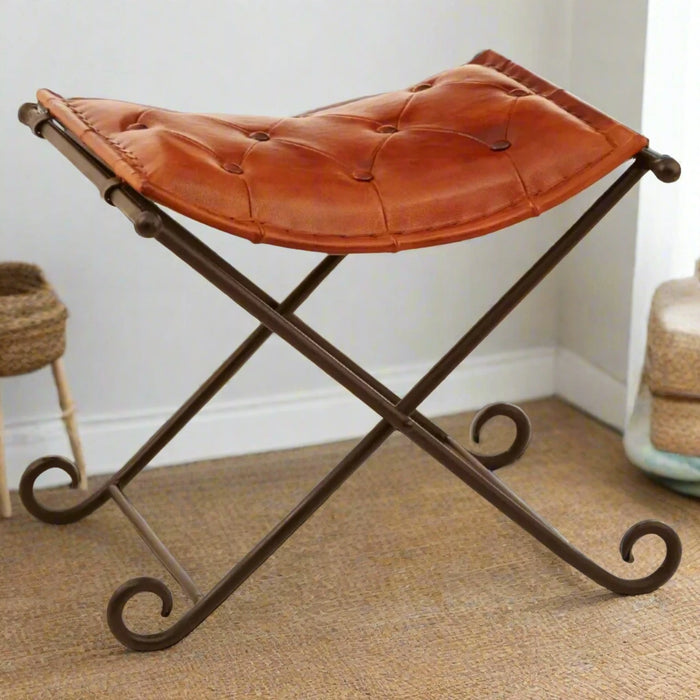 Buffalo Stool with Tan Leather Upholstery and Iron Legs