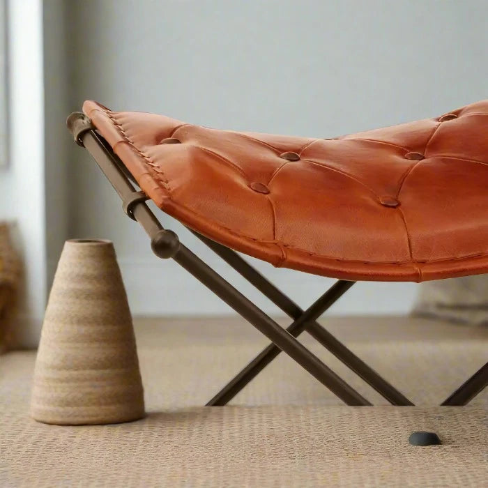 Buffalo Stool with Tan Leather Upholstery and Iron Legs