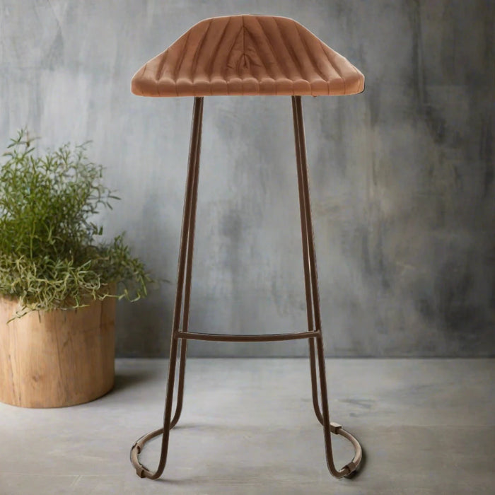 Buffalo Bar Stool, Fluted Brown Leather, Metal Base