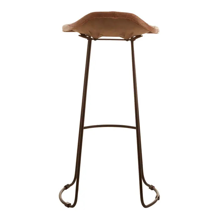 Buffalo Bar Stool, Fluted Brown Leather, Metal Base