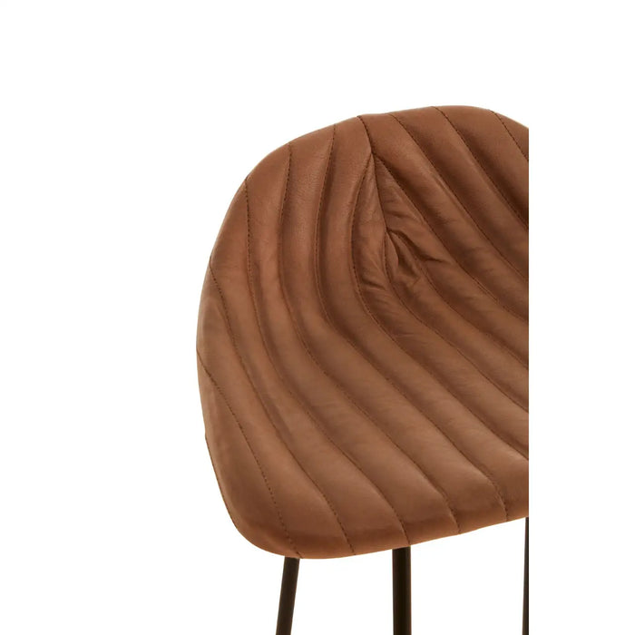 Buffalo Bar Stool, Fluted Brown Leather, Metal Base