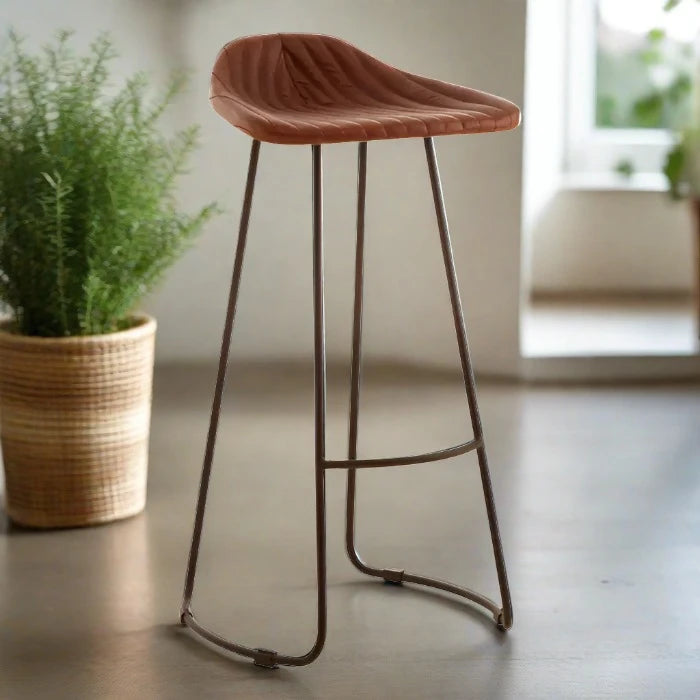 Buffalo Bar Stool, Tan Fluted Leather, Black Metal