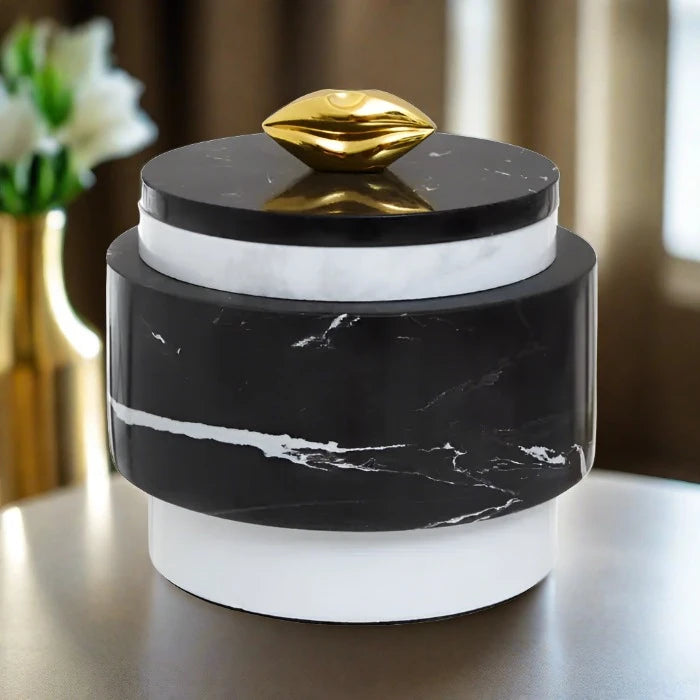 Birkdale Storage Jar, Black & White Marble, Gold lid