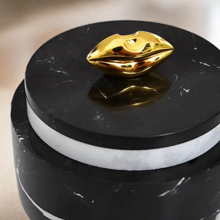 Birkdale Storage Jar, Black & White Marble, Gold lid