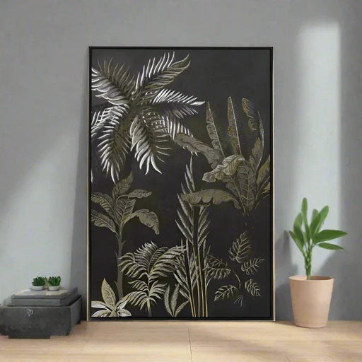 Luxurious Black & Gold Botanical Wall Art – Wooden Frame & Leather Accents  