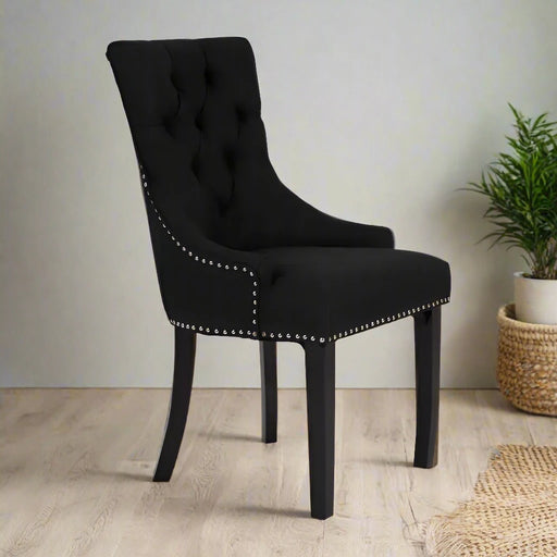 Kensington Townhouse Black Linen Dining Chair with Stud Trim and Knocker Back Detail