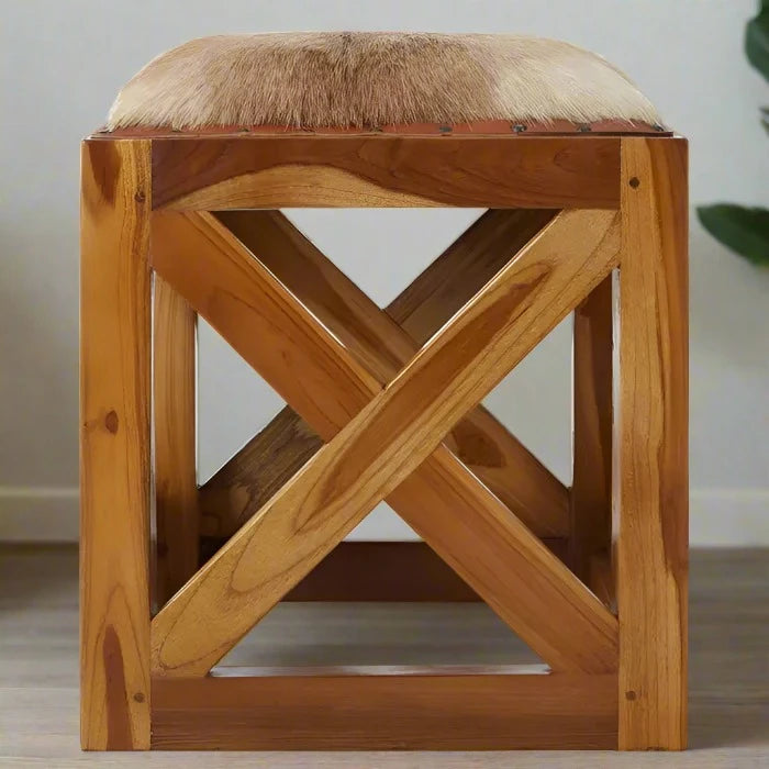 Kendari Stool with Hair-on-Leather Top and Teak Wood Base