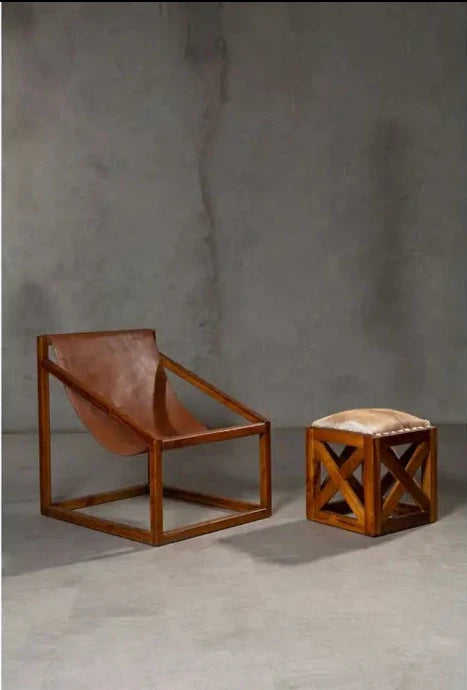 Kendari Stool with Hair-on-Leather Top and Teak Wood Base