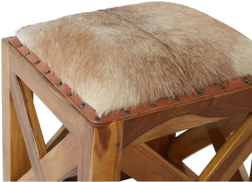 Kendari Stool with Hair-on-Leather Top and Teak Wood Base