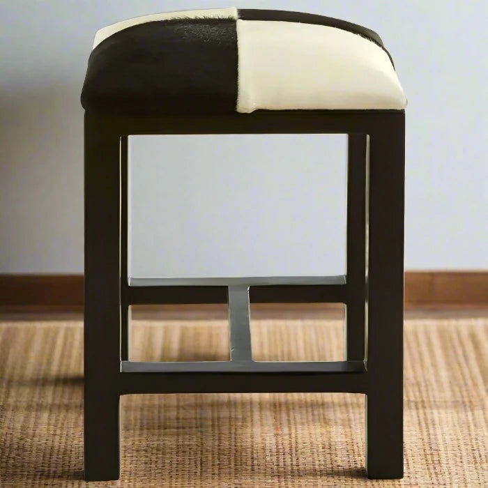 Kendari Low Stool with Natural Teak Wood Frame and Leather Upholstery