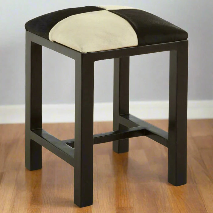 Kendari Low Stool with Natural Teak Wood Frame and Leather Upholstery