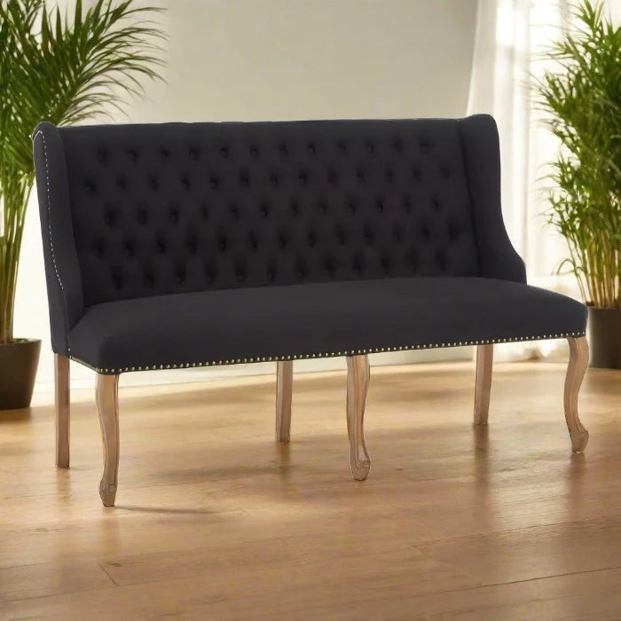 Dunbar Indoor Bench, Black Button Tufted Velvet, Natural Wood Legs