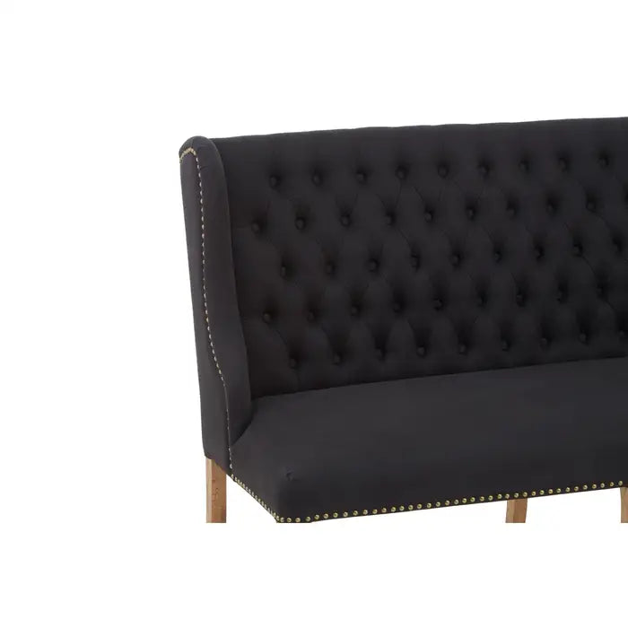 Dunbar Indoor Bench, Black Button Tufted Velvet, Natural Wood Legs