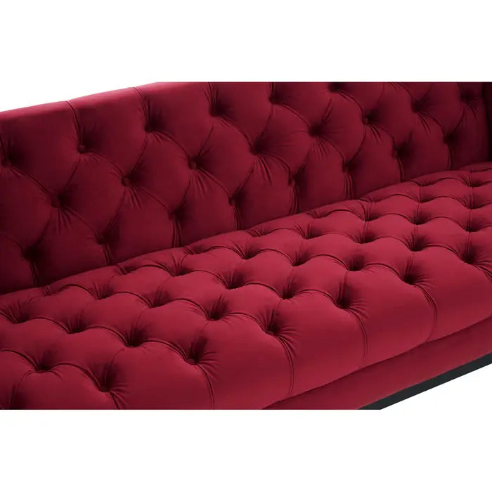Sasha 3 Seater Crimson Sofa, Red Velvet, Button Tufted, Black Rubberwood Legs