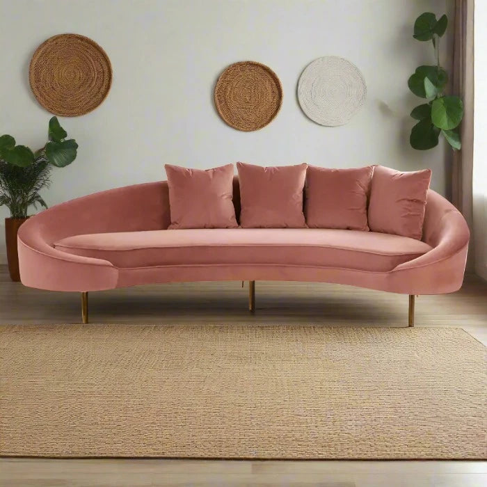 Osdin 4 Seater Sofa, Salmon Pink Velvet, Gold Stainless steel Legs, Curved Backrest, 4 Matching Cushions