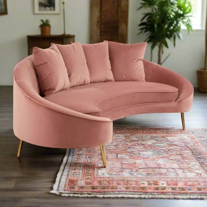 Osdin 4 Seater Sofa, Salmon Pink Velvet, Gold Stainless steel Legs, Curved Backrest, 4 Matching Cushions