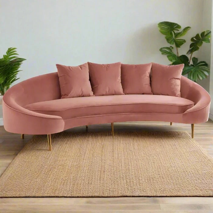 Osdin 4 Seater Sofa, Salmon Pink Velvet, Gold Stainless steel Legs, Curved Backrest, 4 Matching Cushions