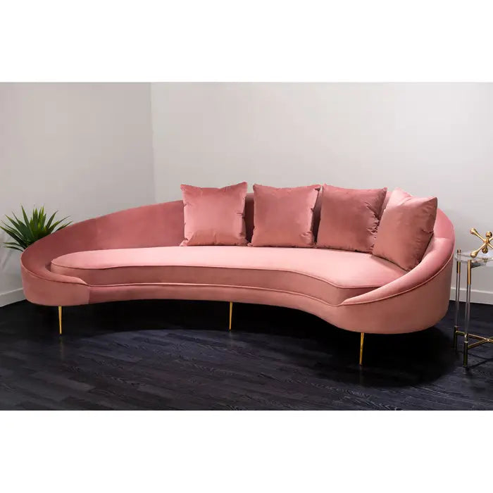 Osdin 4 Seater Sofa, Salmon Pink Velvet, Gold Stainless steel Legs, Curved Backrest, 4 Matching Cushions