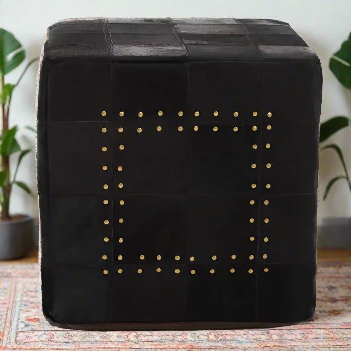 Genuine Cowhide Leather Pouffe with Black Patchwork