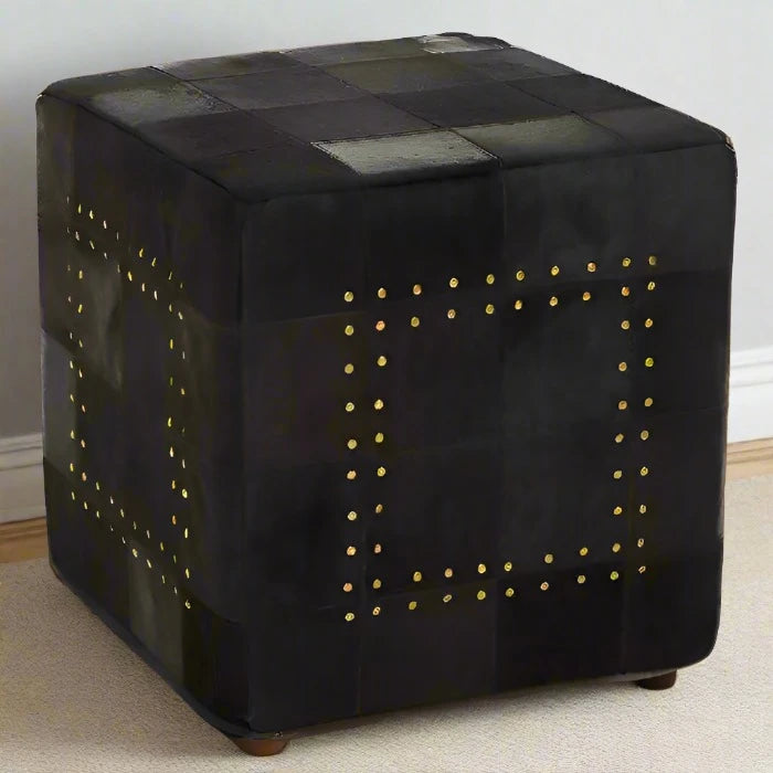 Genuine Cowhide Leather Pouffe with Black Patchwork