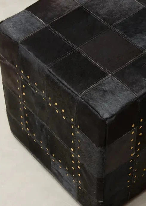 Genuine Cowhide Leather Pouffe with Black Patchwork