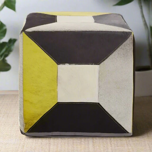 Genuine Cowhide Leather Pouffe with Multicolored Patchwork