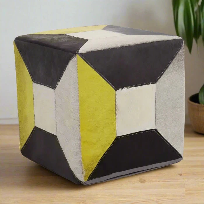 Genuine Cowhide Leather Pouffe with Multicolored Patchwork