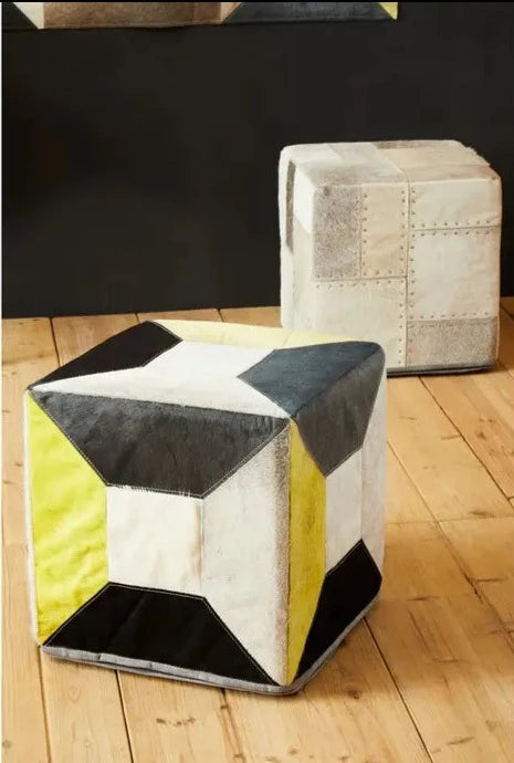 Genuine Cowhide Leather Pouffe with Multicolored Patchwork