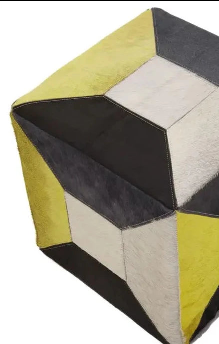 Genuine Cowhide Leather Pouffe with Multicolored Patchwork