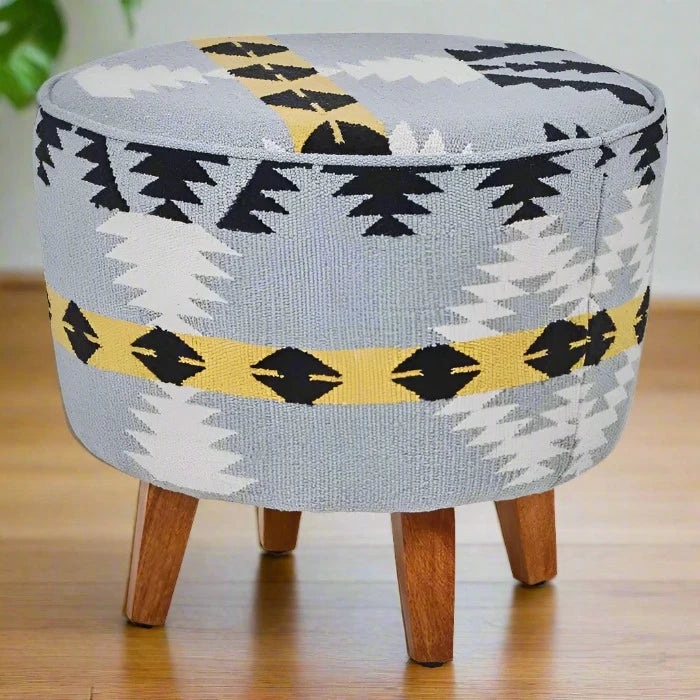 Berber Style Grey & White Round Footstool