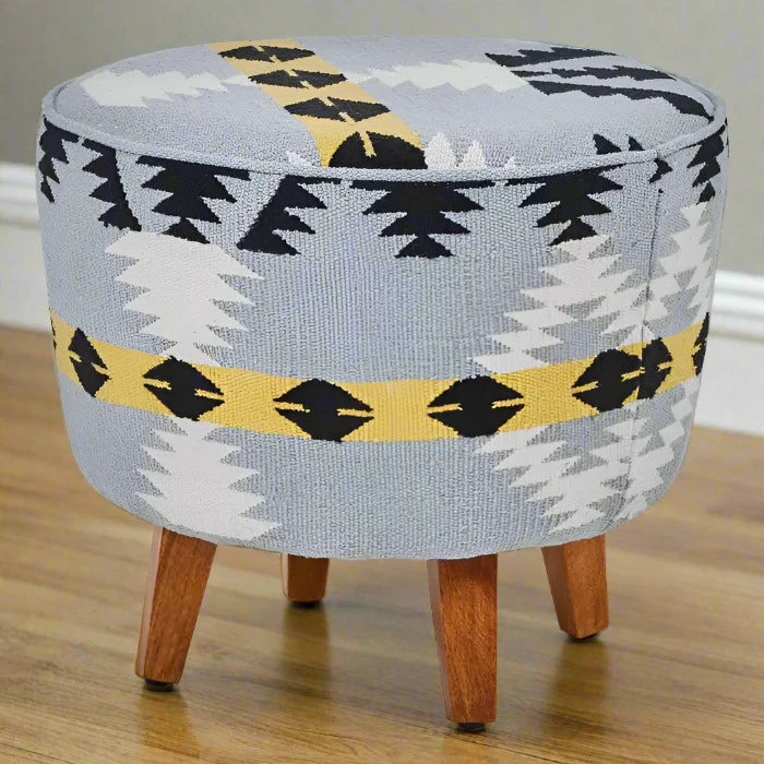 Berber Style Grey & White Round Footstool