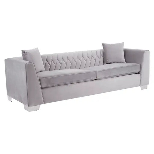 Rashika 3 Seater Sofa, Grey Velvet, Cushions, Pattern Tufted