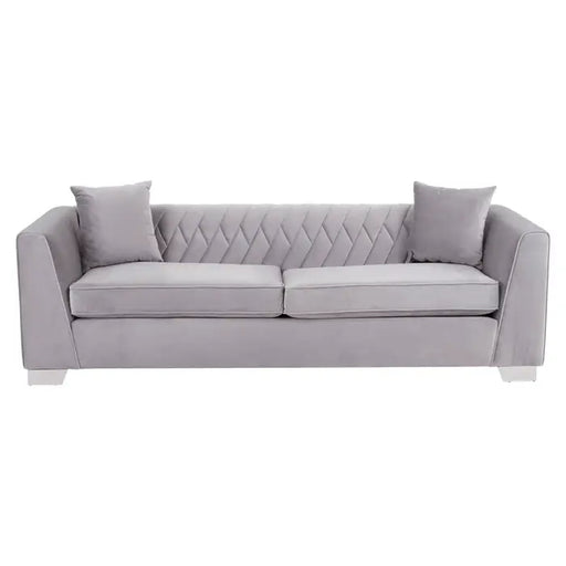 Rashika 3 Seater Sofa, Grey Velvet, Cushions, Pattern Tufted