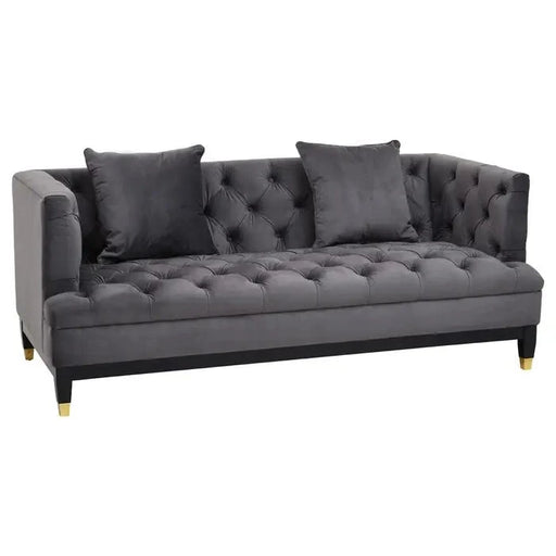 Sefira 2 Seater Sofa, Viola Pirate Grey Fabric, Cushions, Button Tufting, Black Wooden Legs