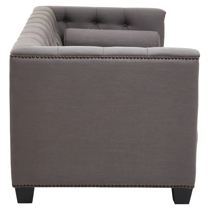 Surina Two Seat Sofa, Grey Fabric, Carved Wooden Feet,  Rolled Cushions, Low Back