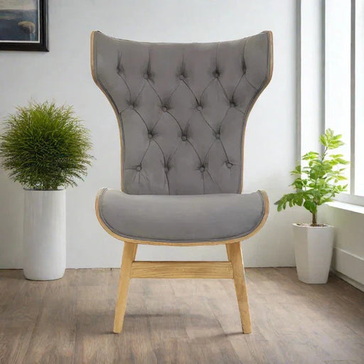 Elegant Grey Velvet High Back Lounge Chair – Tufted Upholstery & Wooden Frame  