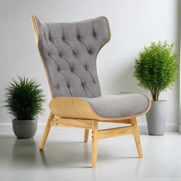 Vinsi Dark Grey Velvet & BIrch Wood Chair / Accent