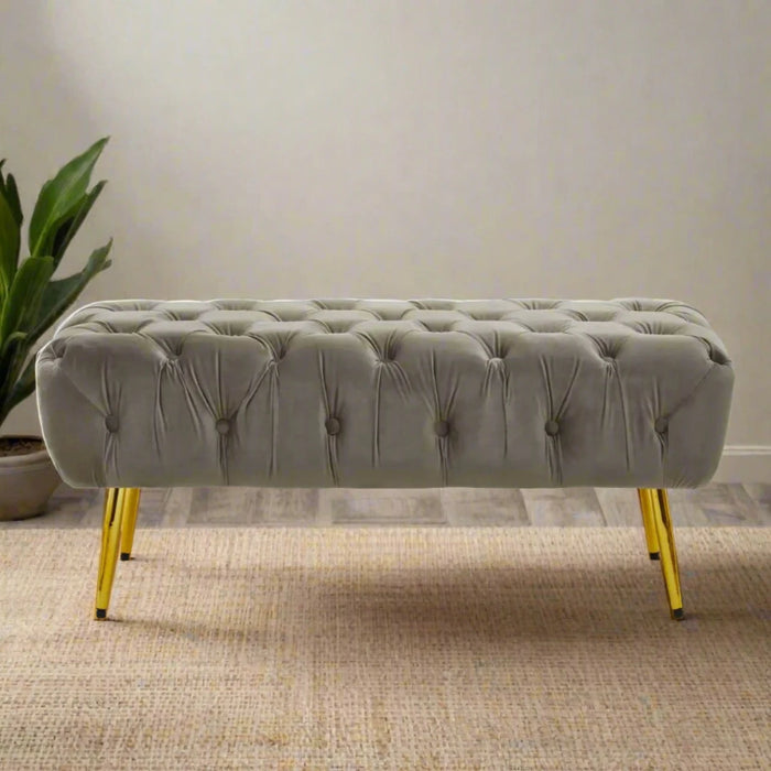 Mink Velvet Upholstered Rectangular Stool with Gold Finish Legs