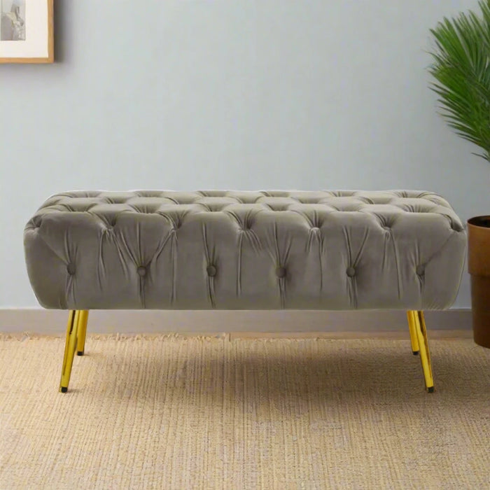 Mink Velvet Upholstered Rectangular Stool with Gold Finish Legs