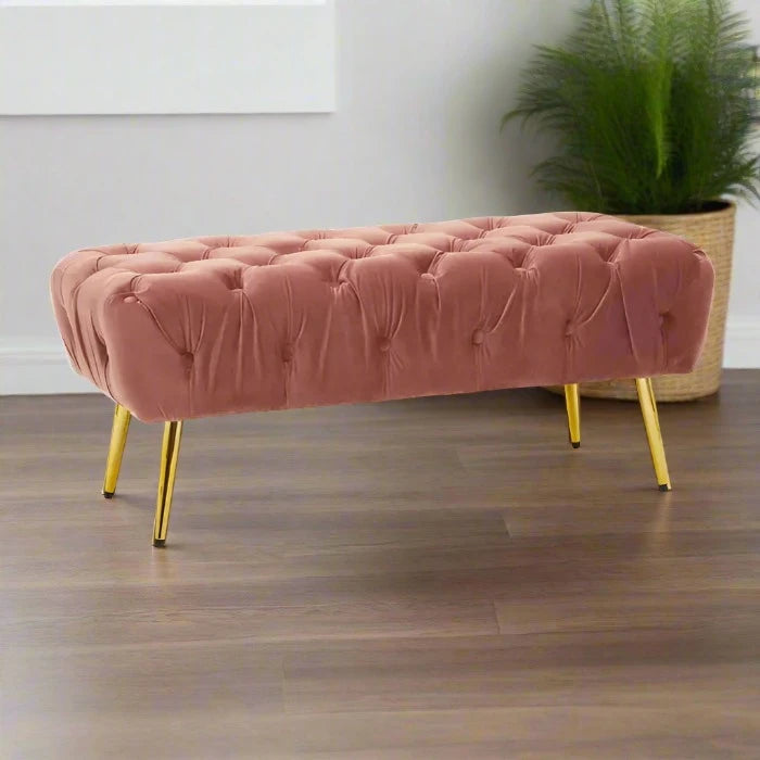 Dusty Pink Velvet Upholstered Rectangular Stool with Gold Finish Legs