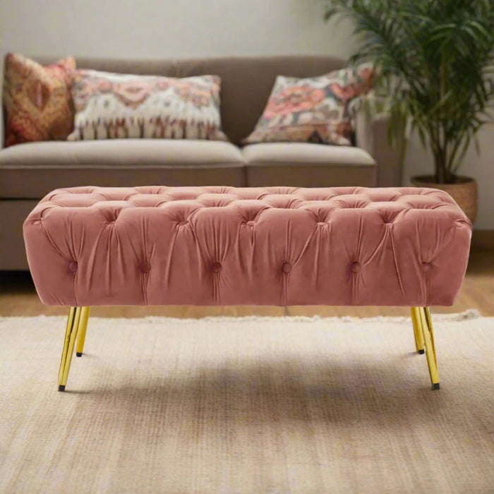 Dusty Pink Velvet Upholstered Rectangular Stool with Gold Finish Legs