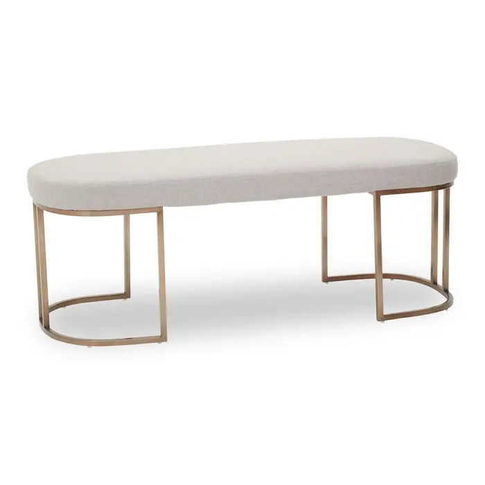 St James Indoor Bench, Light Grey Fabic, Curved Brass Frame